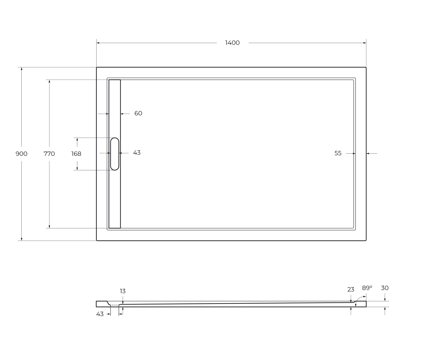 Поддон литой из искусственного мрамора, прямоугольный TRAY-AS-AH-140/90-30-W 1400x900x30 Cezares