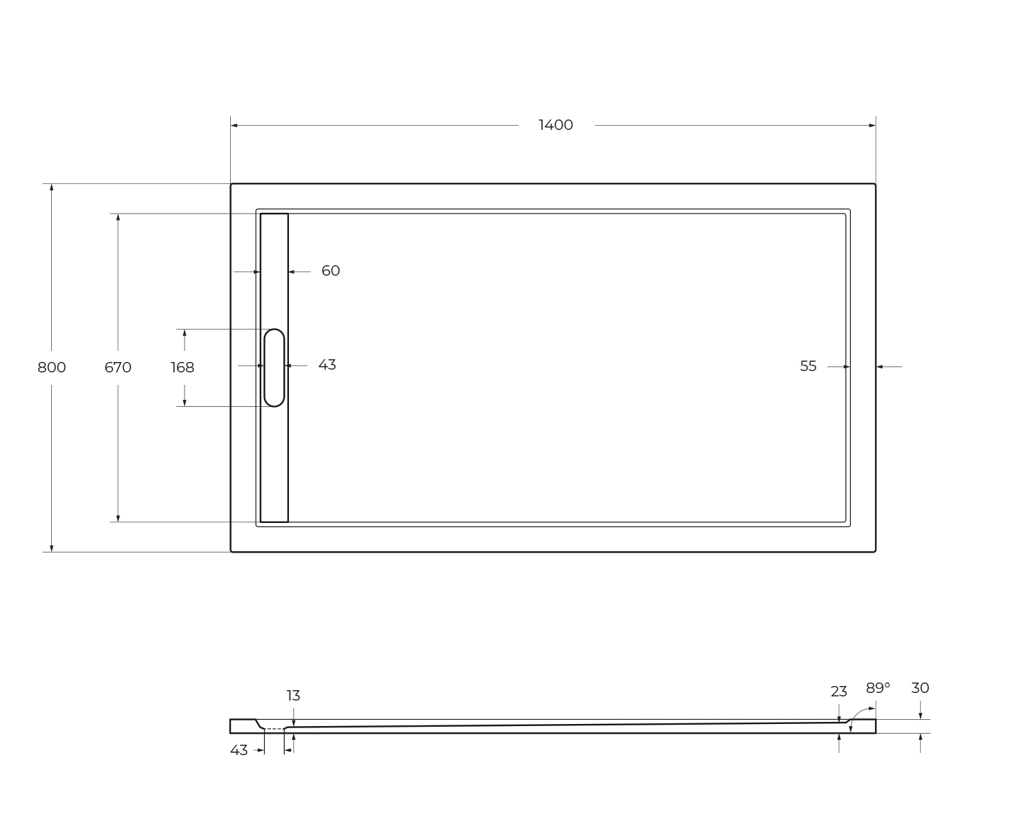 Поддон литой из искусственного мрамора, прямоугольный TRAY-AS-AH-140/80-30-W 1400x800x30 Cezares