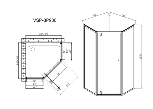 Душевой уголок, пятиугольный Penta VSP-3P900CLB 900x900x1950 цвет черный стекло прозрачное Vincea